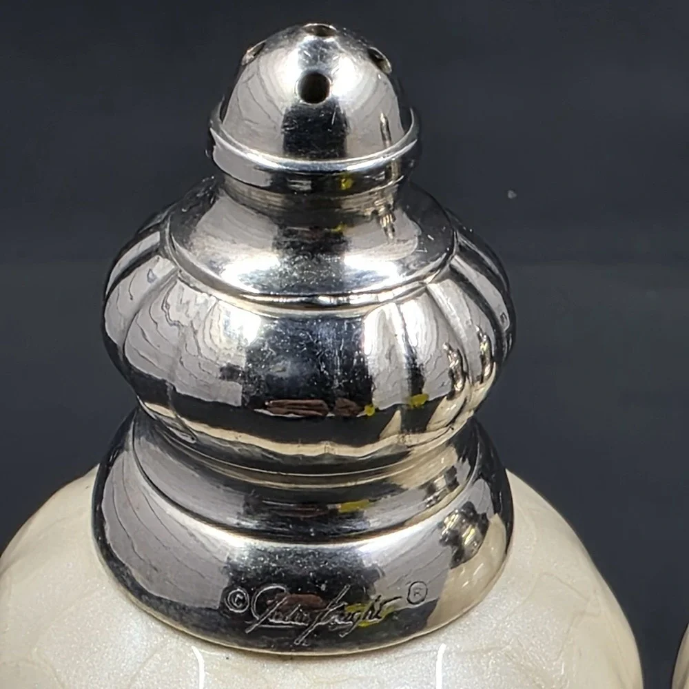 Julia Knight Salt and Pepper Shaker Peony Collection Mother of Pearl Enamel